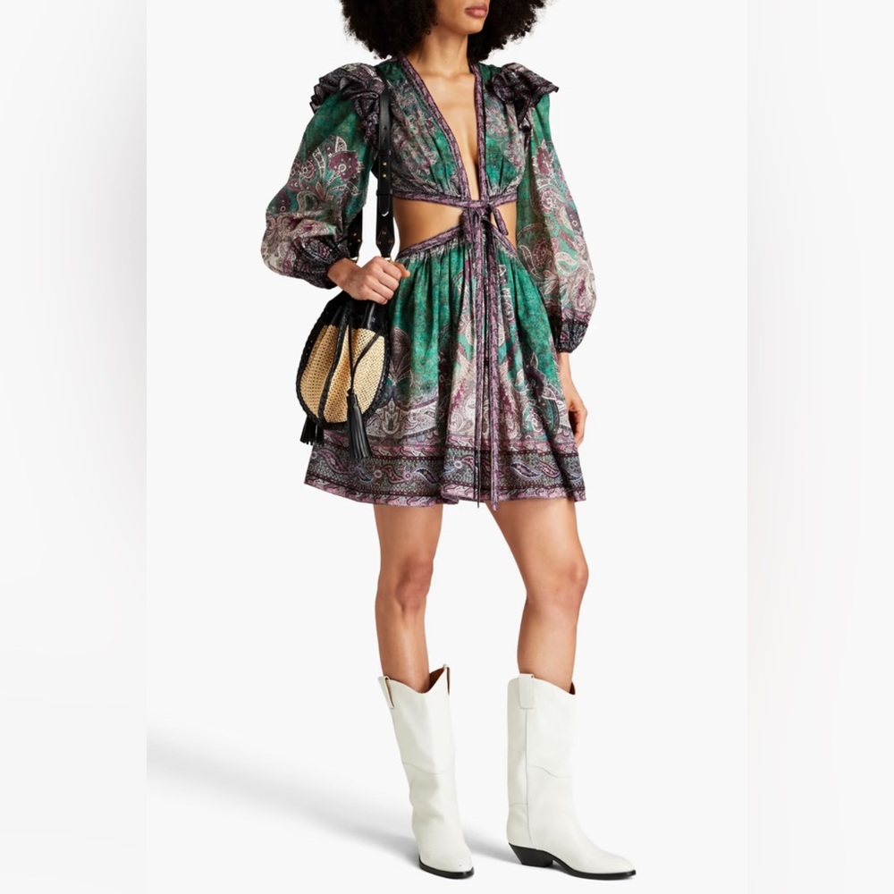 Zimmermann Designer Cocktail Cutout Print Cotton Mini Open Back Dress